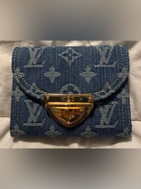 Denim Monogram Compact Wallet - Blue with Gold Hardware